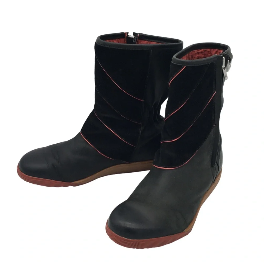 Sorel Firenzy Winter Black & Red Leather Ankle Booties Boots retro Y2K size 7.5
